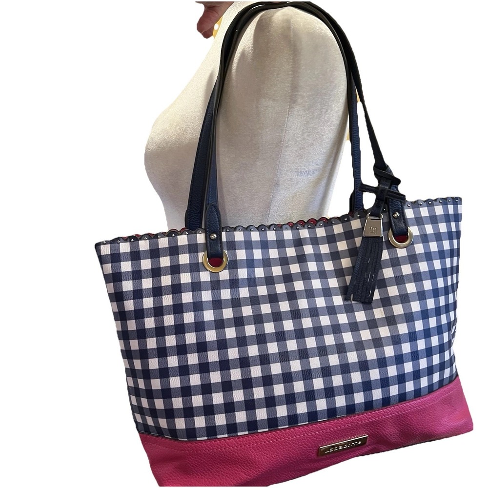 Vtg Liz Claiborne Blue Check Tote Tassel Charm Pink Line Scalloped Edge 80's‎